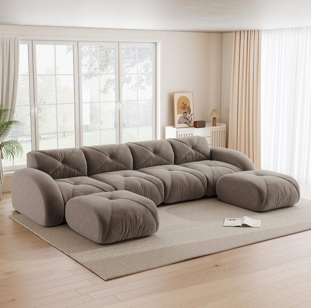 WOHNLANDSCHAFT 358/171/76 cm in Taupe aus Chenille mit Hockern und rahmenlosem Design - Taupe, Textil (171/76/358cm) - Flora Grace