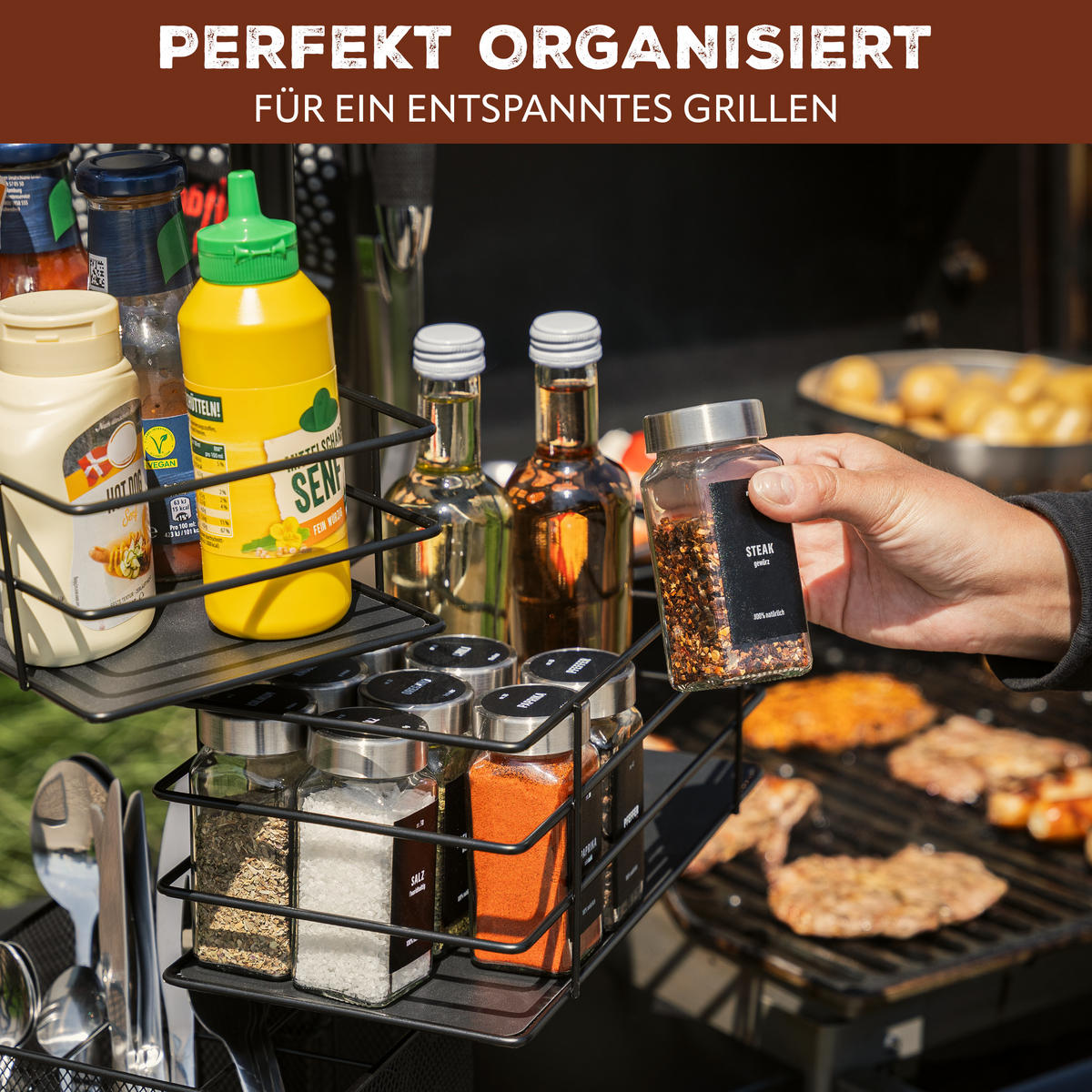 GRILLZUBEHÖR-ORGANIZER 5in1, schwarz, Metall - Schwarz, Metall (35cm) - eluno