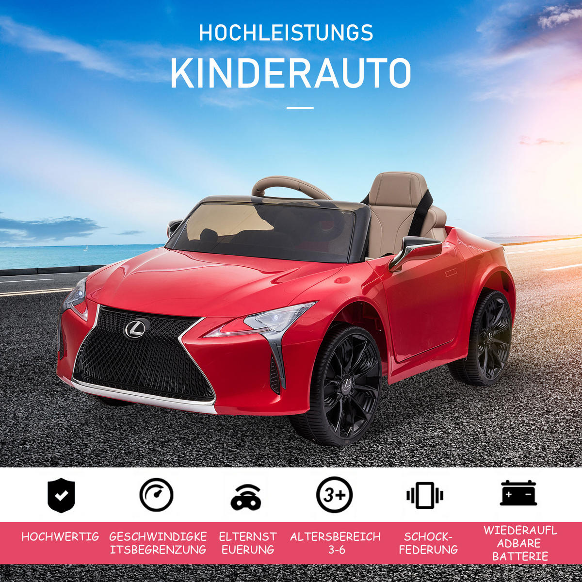 KINDERAUTO von Lexus Kinderfahrzeug Elektroauto mit MP3 Licht Musik Rot - Rot, Kunststoff (106/63/44cm) - HOMCOM