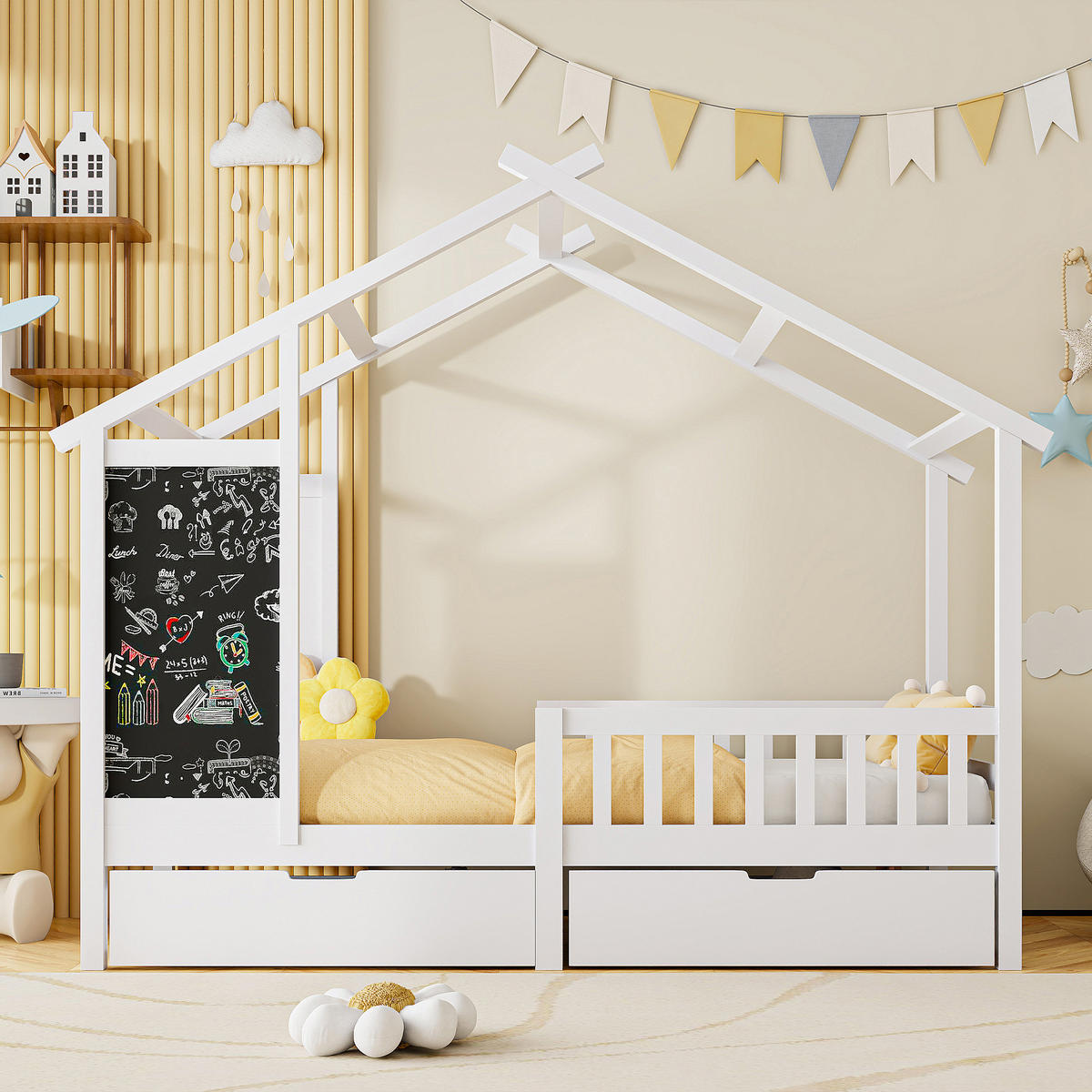 HAUSBETT 90x200cm mit 2 Schubladen, Weiß - Weiß, Holz (90/200cm)