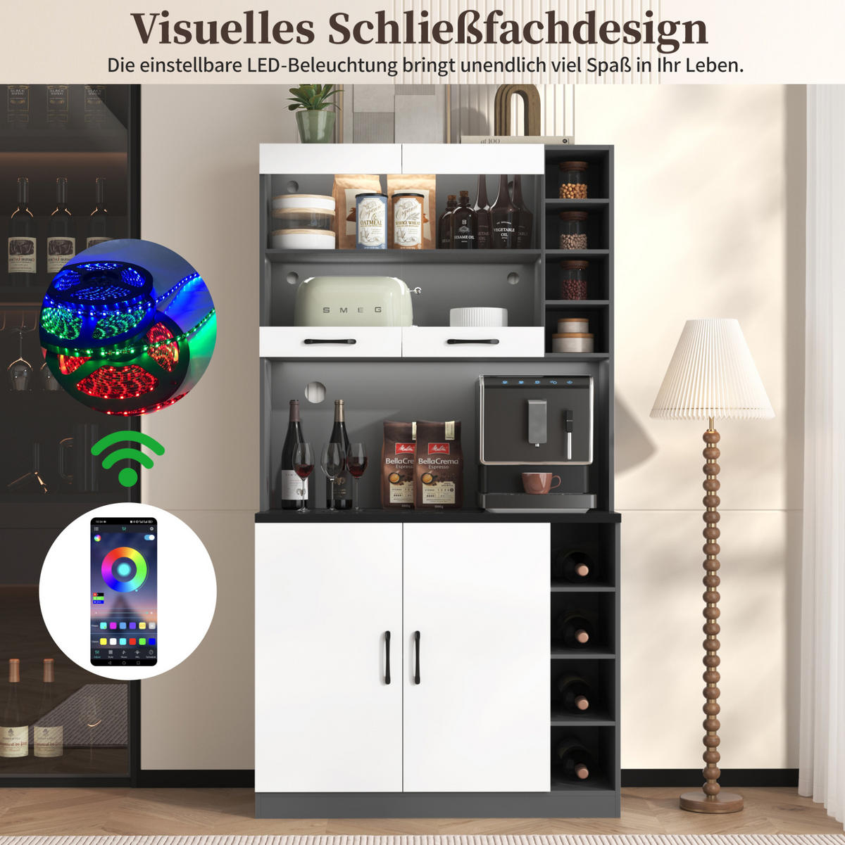 KÜCHENSCHRANK aus MDF 100x47x187 cm Grau/Weiß mit LED-Beleuchtung und Mikrowellenfach - Weiß, Holzwerkstoff (100/187/47cm) - IVMEU