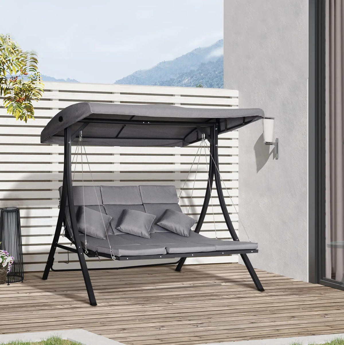 HOLLYWOODSCHAUKEL 3-Sitzer mit verstellbarem Sonnendach und Sitzkissen, stabiler Metallrahmen, Grau - Grau, Metall (115/168/200cm) - Redom