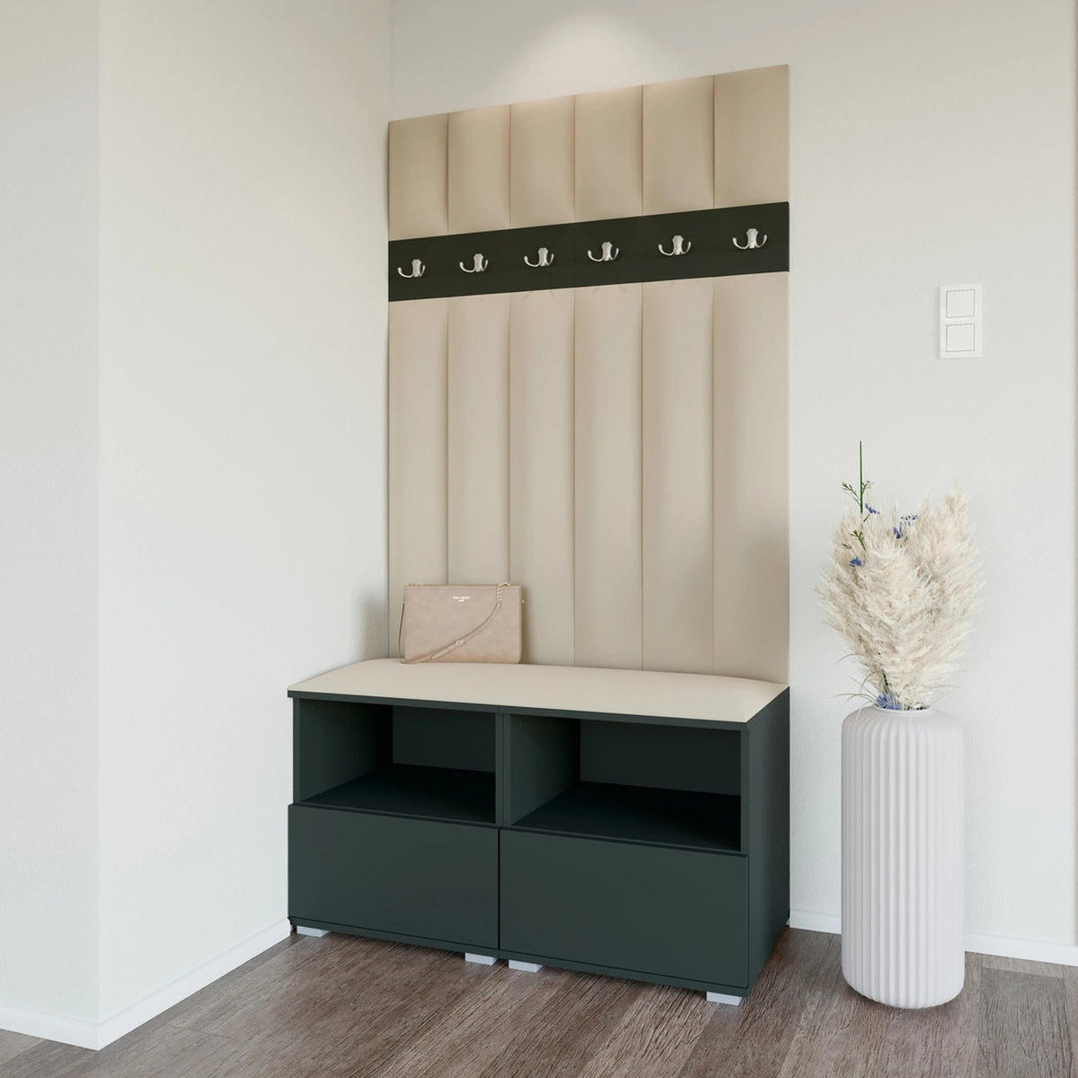 GEPOLSTERT Garderoben-Set Nela III LUX (Farbe Graphit + Stoff Trinity 04) - Beige/Silberfarben, Holz/Holzwerkstoff (100/187/40cm) - Ravio