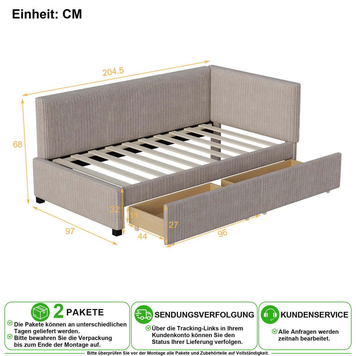 POLSTERBETT 90/200 cm in Grau mit Bettkasten, Schubladen und Samt - Grau, Holzwerkstoff/Textil (90/200cm) - CHICFURN