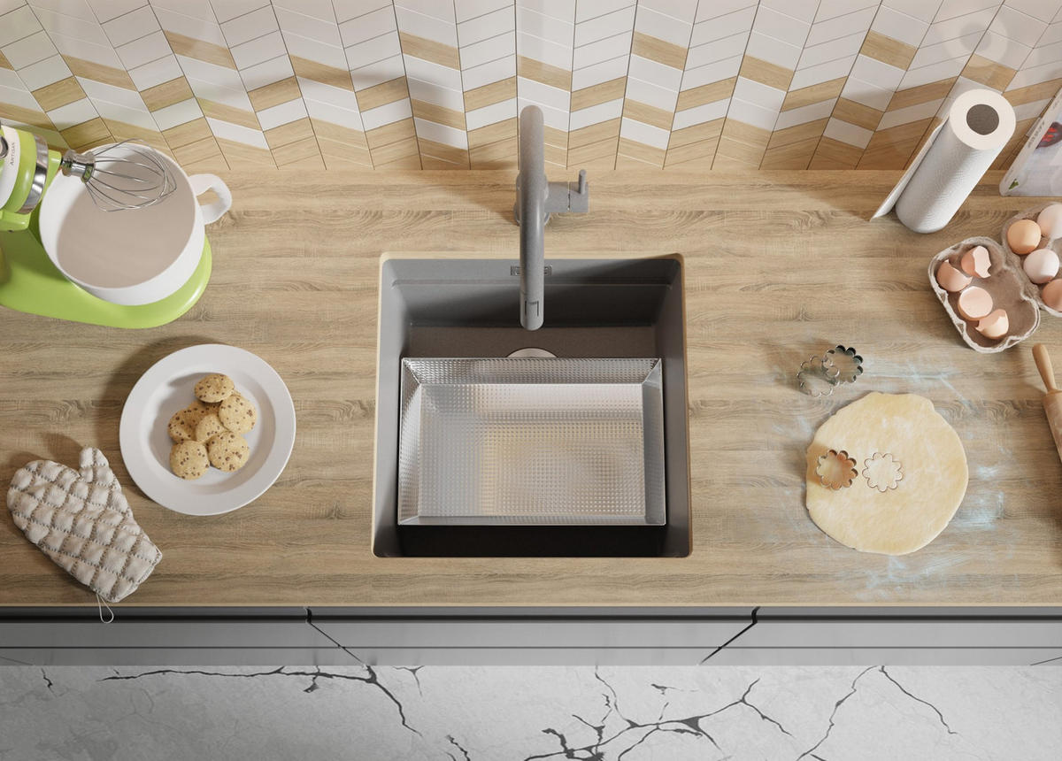 UNTERBAUSPÜLE GRANIT Praga, 2-er set Grau 46/47 cm 1 Becken + Ablauf-Set + Aufrollbare Abtropffläche ab 50er Unterschrank - Chromfarben/Grau, Kunststoff (46/20/47cm) - Primagran