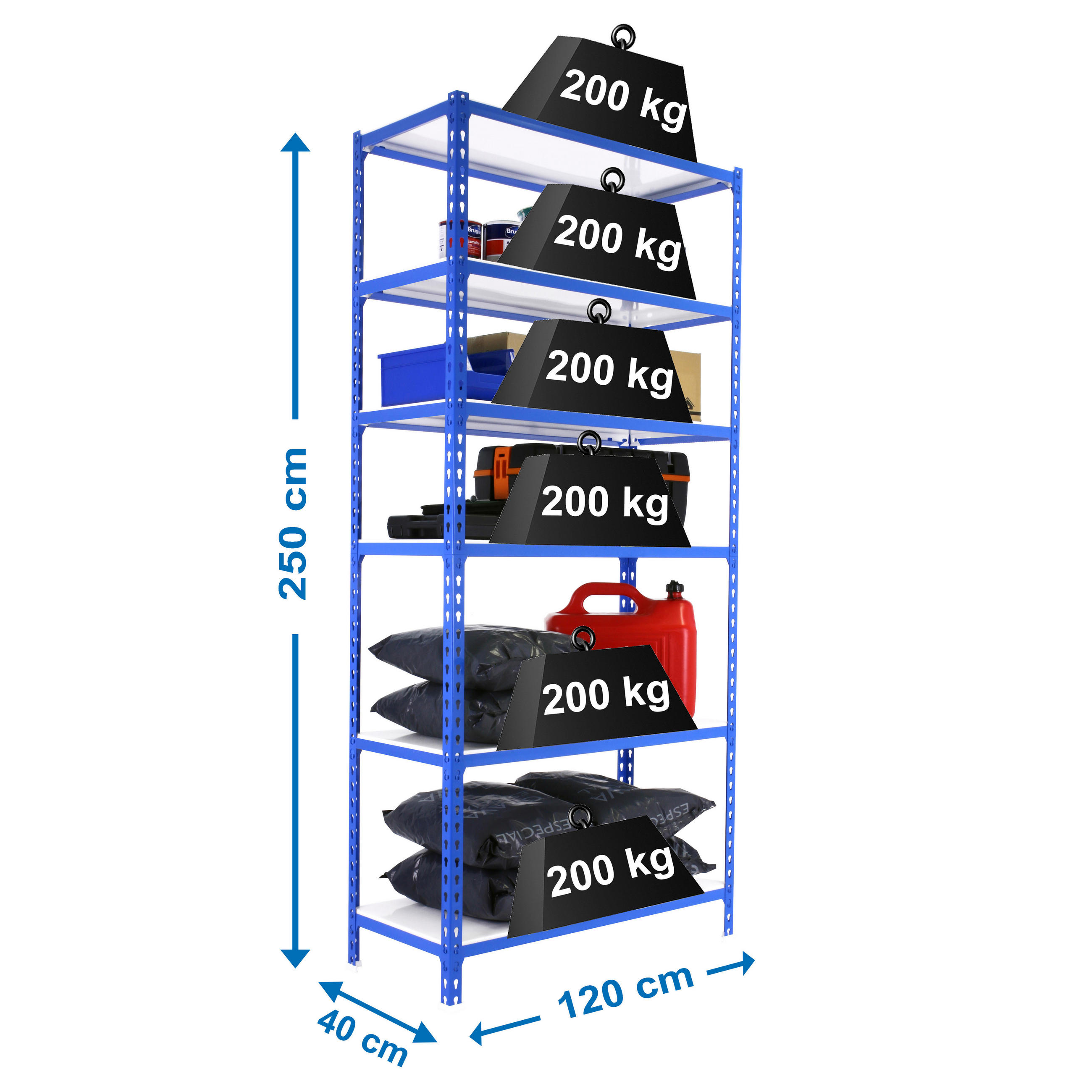 SCHWERLASTREGAL Giant Metal Shark HxBxT 250 x 120 x 40 cm Fachlast 200 kg Blau - Blau, Metall (120/250/40cm) - PROREGAL