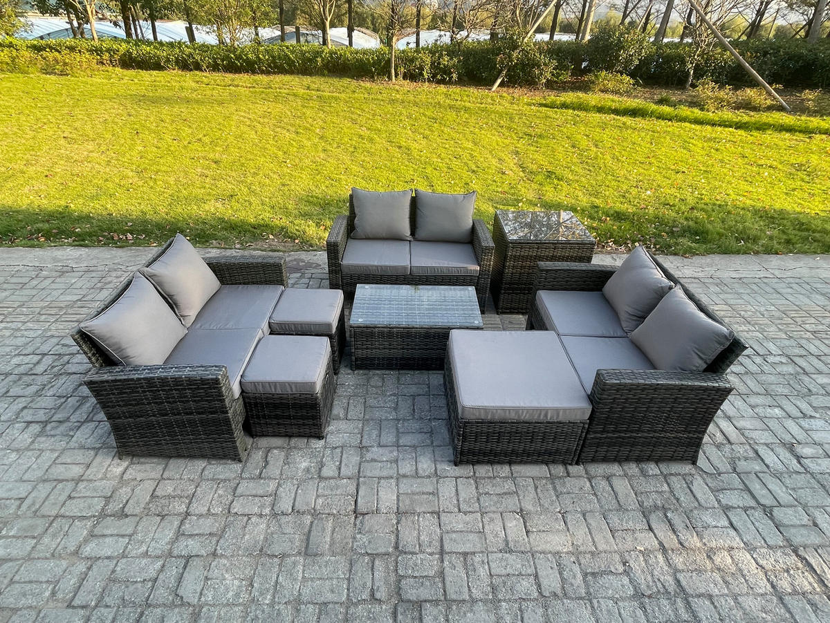 GARTENSOFA Hohe Rückenlehne Polyrattan Dunkelgrau 9-Sitzer - Dunkelgrau, Metall - Fimous