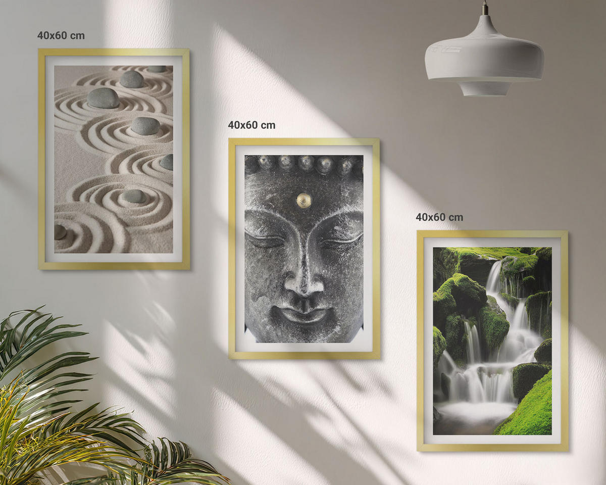 BILDER SET 3er Set - 40x60 cm Goldrahmen - Der Frieden der Steine des Buda Zen-Wasserfalls - Goldfarben, Kunststoff (40/60cm) - TULUP
