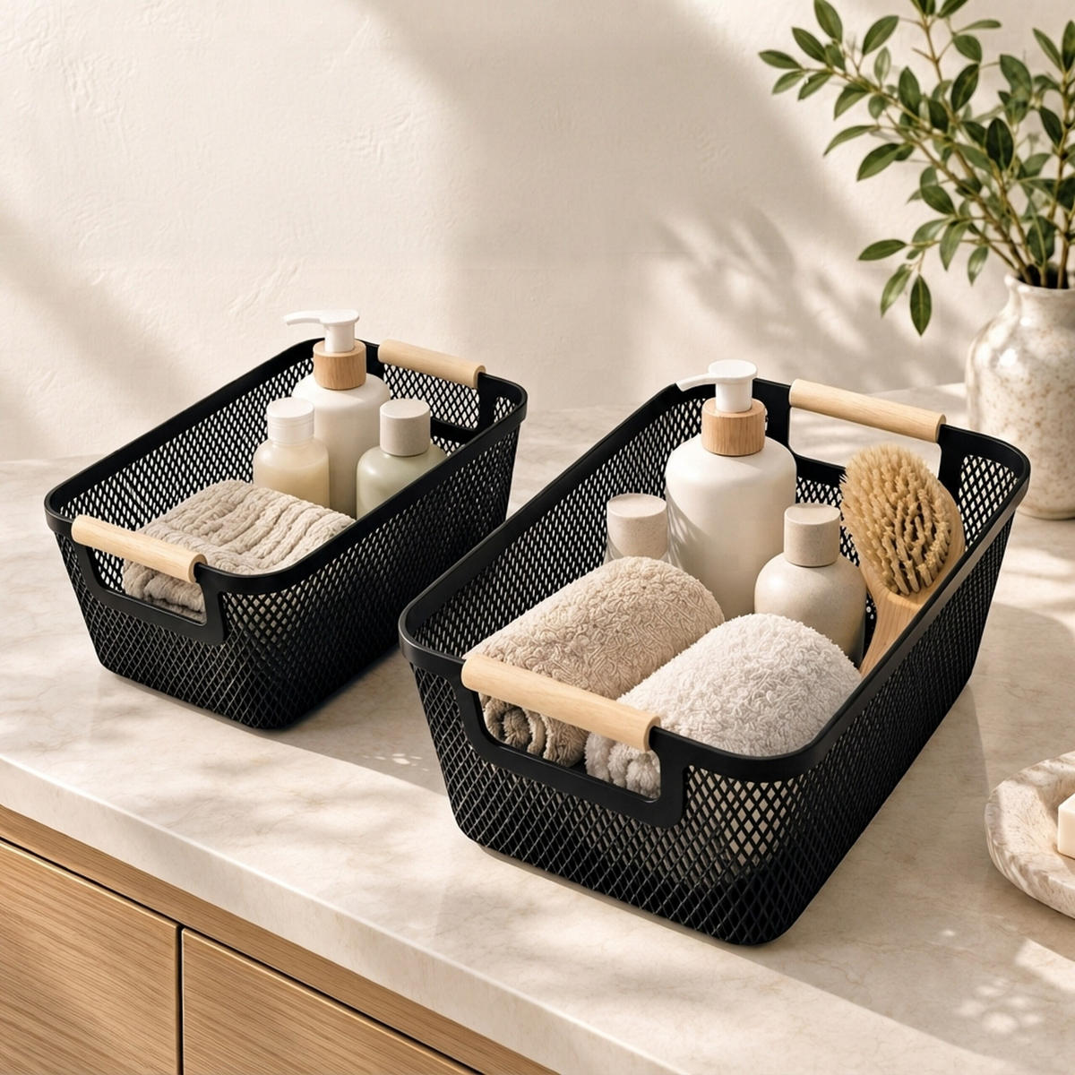 FÖRVARINGSKORG Svart 6-pack plast trähandtag storlek M - Svart, Trä/Plast (19.5/32/16cm) - Relaxdays