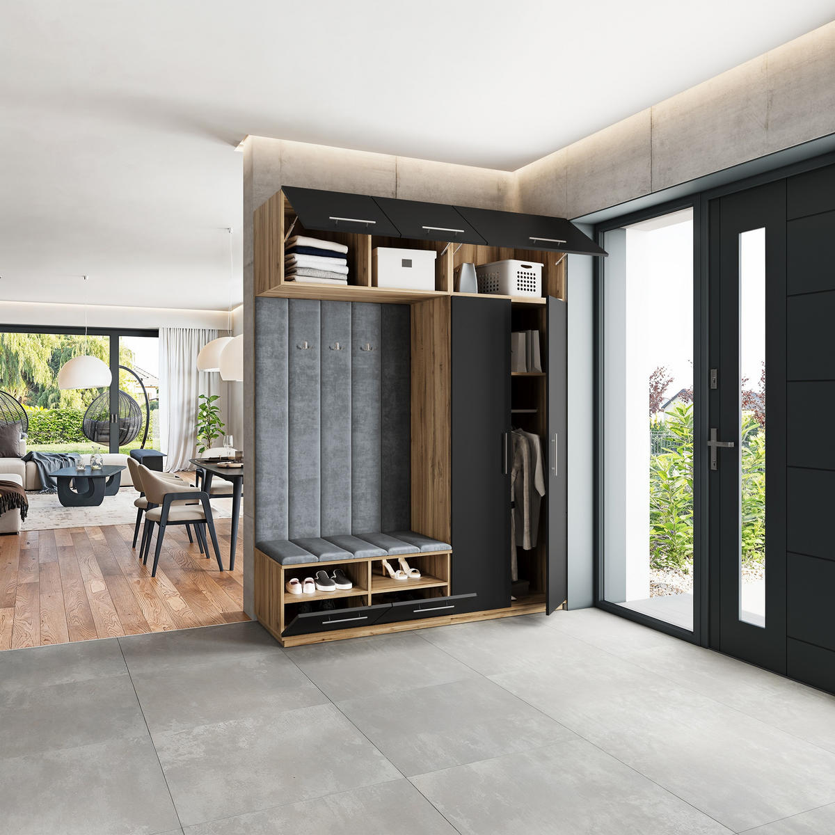 GARDEROBENSCHRANK REMA 180/240/60 cm Modern Garderobe-Set Eiche Wotan - Eiche Wotan/Schwarz, Holzwerkstoff (180/240/60cm) - MASSENO