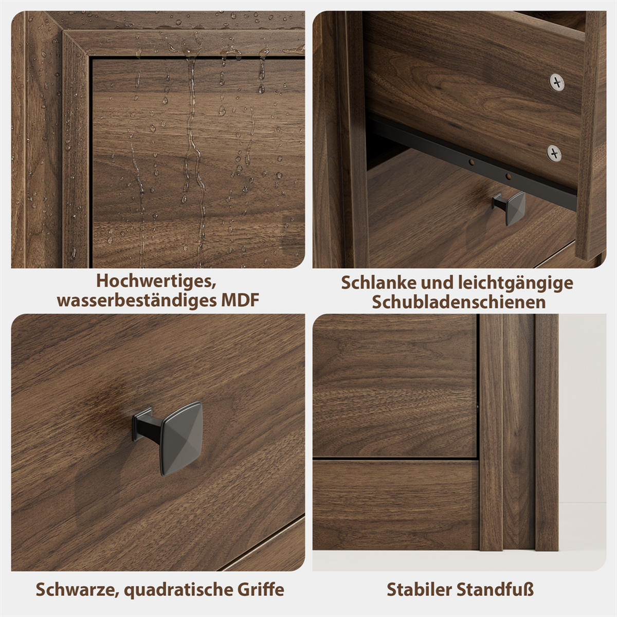 NACHTTISCH 46x39x53,5 cm mit 2 Schubladen und 2 schwarze Griffe - Mid-Century Design - Walnuss-Optik - Walnussfarben, Holzwerkstoff (38/53.5/48cm) - DELFA