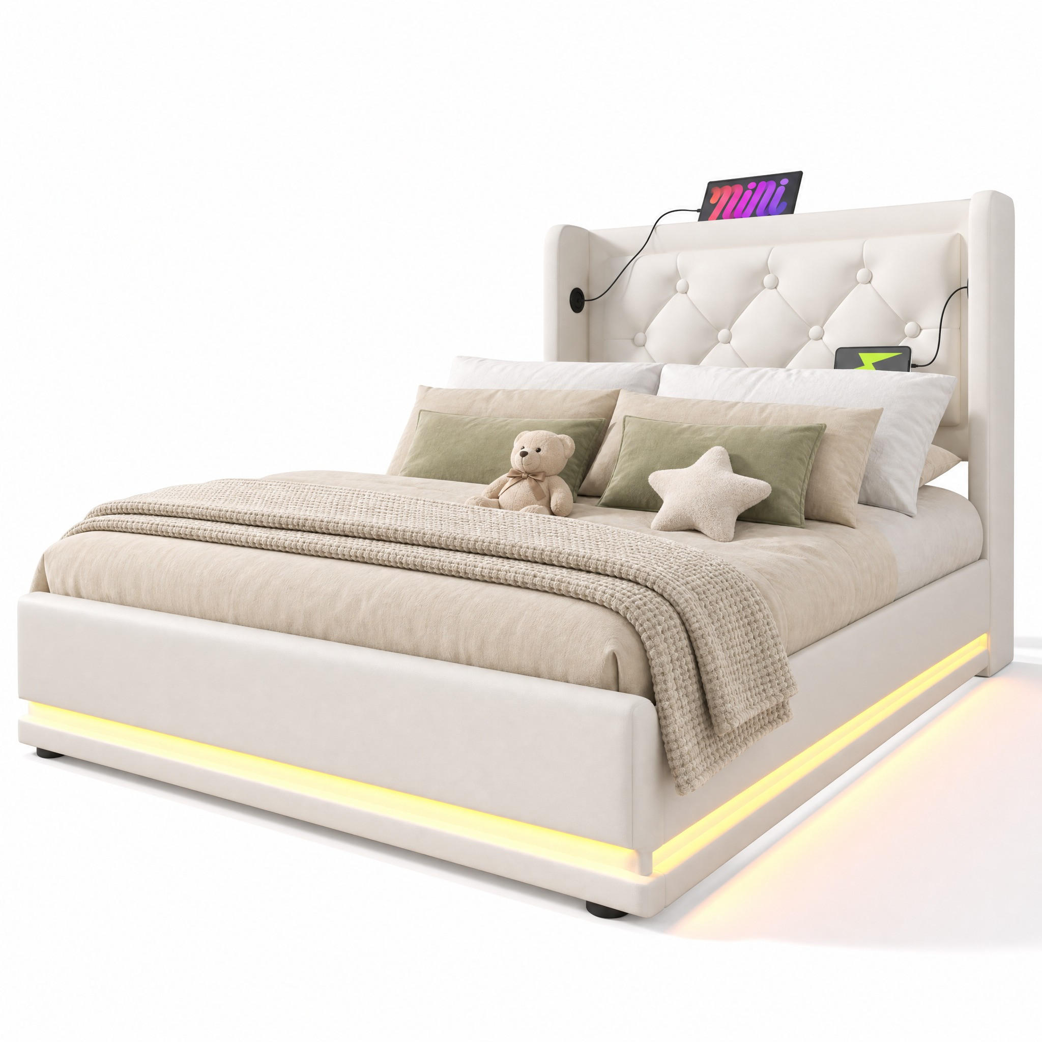 POLSTERBETT 90/200 cm in Weiß mit Bettkasten, LED, USB und Type-C Polsterbett - Weiß, Holzwerkstoff/Textil (90/200cm) - STILVORA