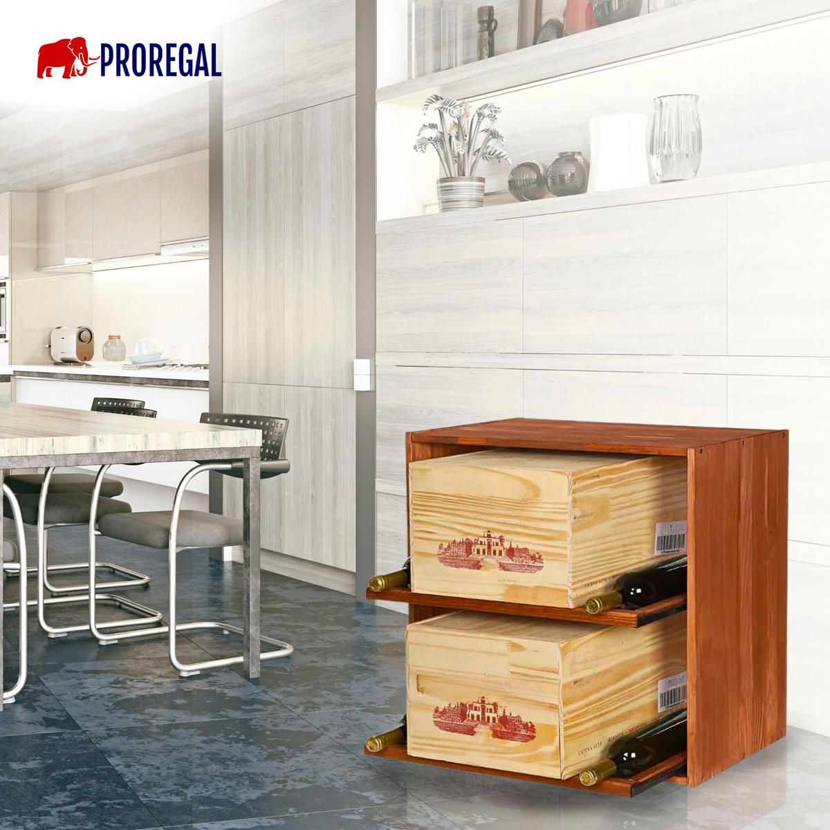 WEINREGAL Vincellar Mod 60x60x30 cm Modul Für 12 Flaschen Oder Weinkisten mit Ausziehbaren Ebenen Massives Kiefernholz Braun Geölt - Braun, Holz (60/60/30cm) - PROREGAL
