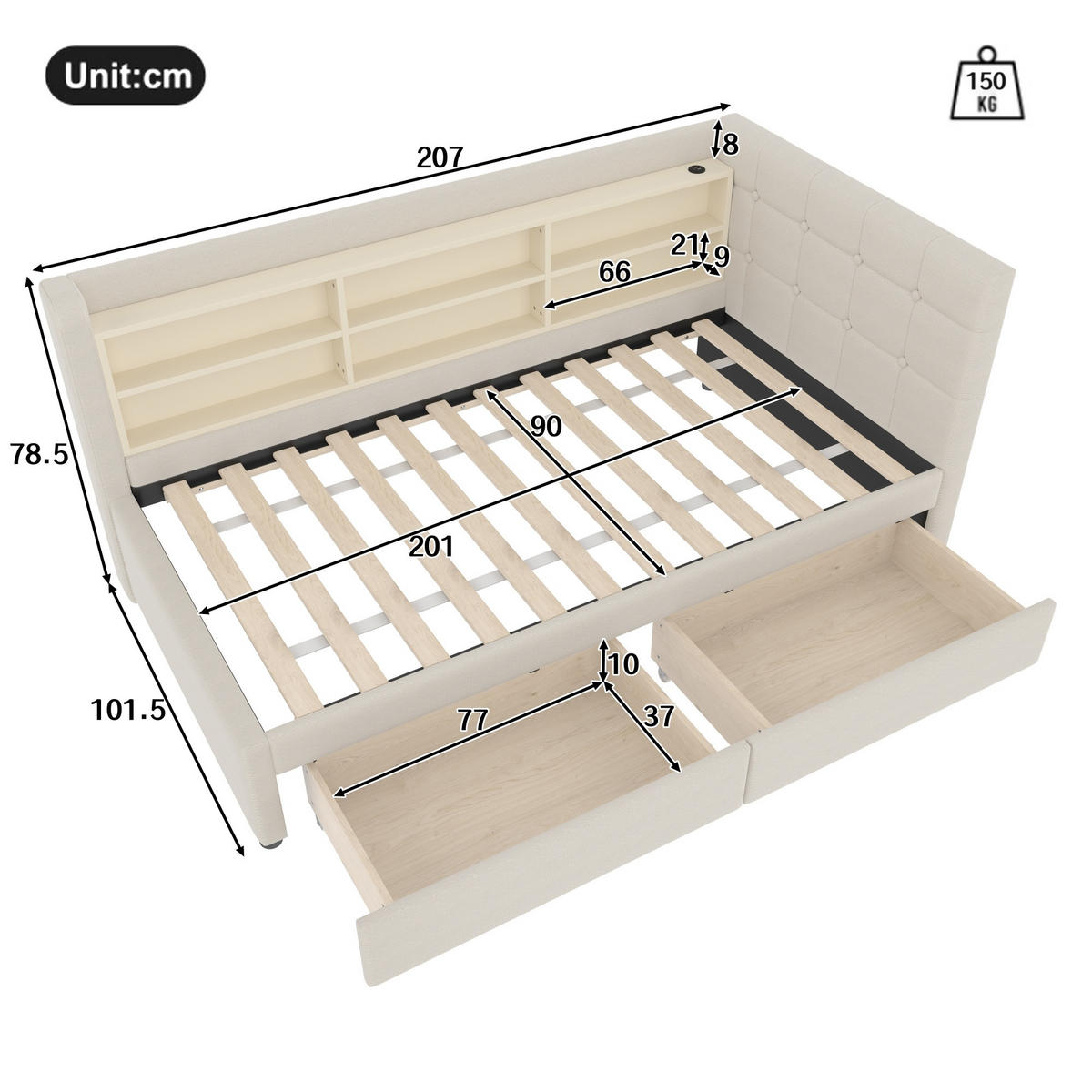 TAGESBETT mit 2 Schubladen & USB/Typ-C 90x200 cm Leinen Beige - Beige, Holz (90/200cm) - Meubliv