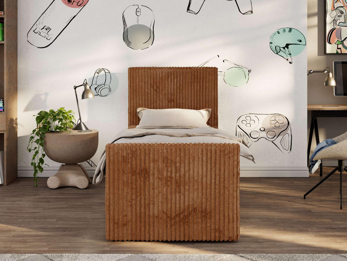 JUGENDBETT TILIO DUO 90/200 - Orange Cord - H4 - Links Seite - Orange, Textil (90/200cm) - MKS