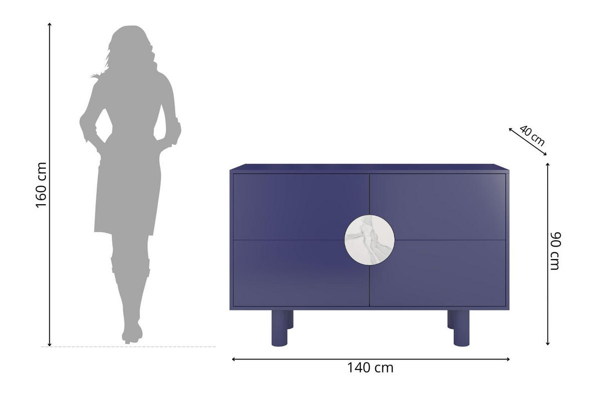 SIDEBOARD Zoe, Mit Marmor, 140 cm, Marineblau - Dunkelblau, Holz/Holzwerkstoff (140/90/40cm) - Dancan