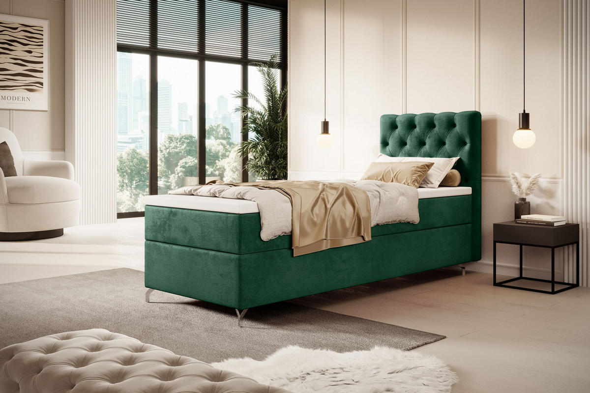 BOXBETT CHESTER P mit Matratze H3, Bonell und Topper 90x200 Monolith 37 - Dunkelgrün, Textil (90/200cm) - Bedante