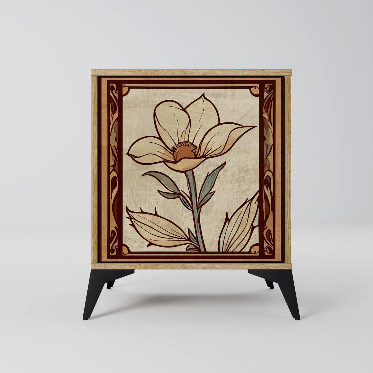 SIDEBOARD TIMELESS FLORA, Eichefarben, 57,5x42x67,5 cm, Schwarze Metall-Rahmenfüße - Eichefarben/Multicolor, Holzwerkstoff/Metall (57.5/67.5/42cm) - SpaceRebels