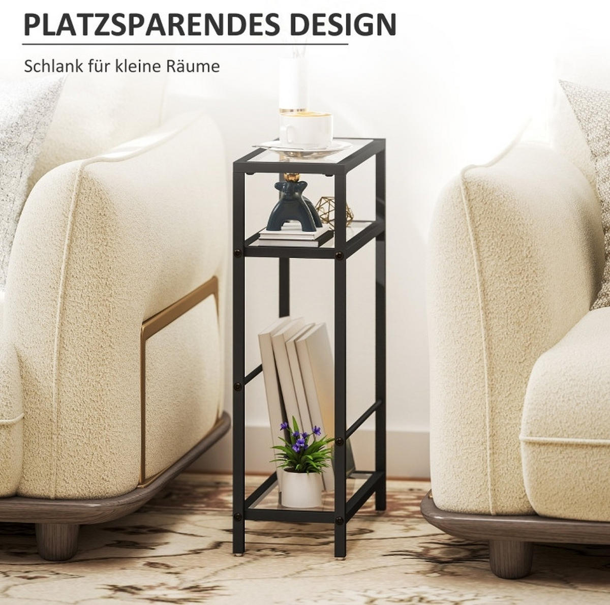 BEISTELLTISCH 40/18/62 cm in Schwarz mit 3 Glasablagen - Schwarz, Glas (40/18/62cm) - BEAOK