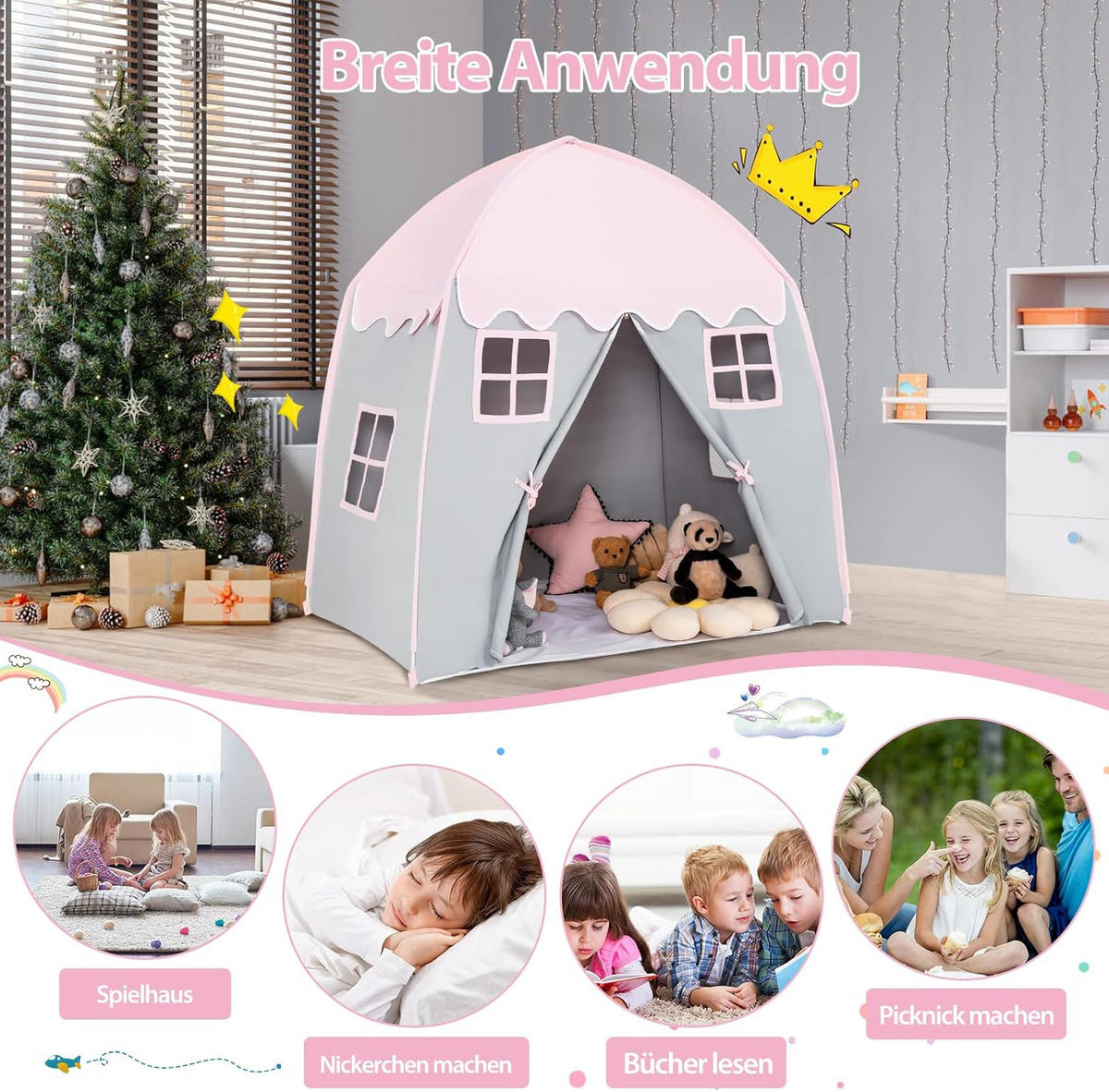 KINDERZELT 155cm Pink - Pink, Textil (100/155/143cm) - COSTWAY