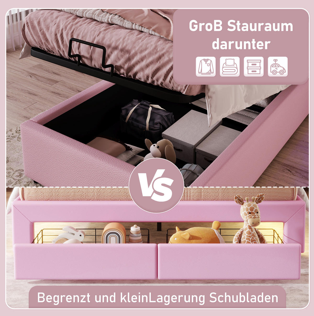 POLSTERBETT 140/200 cm aus Samt mit LED-Kopfteil USB- und Typ-C-Ladestation Stauraum Beige - Beige, Textil (140/200cm) - Modenvie