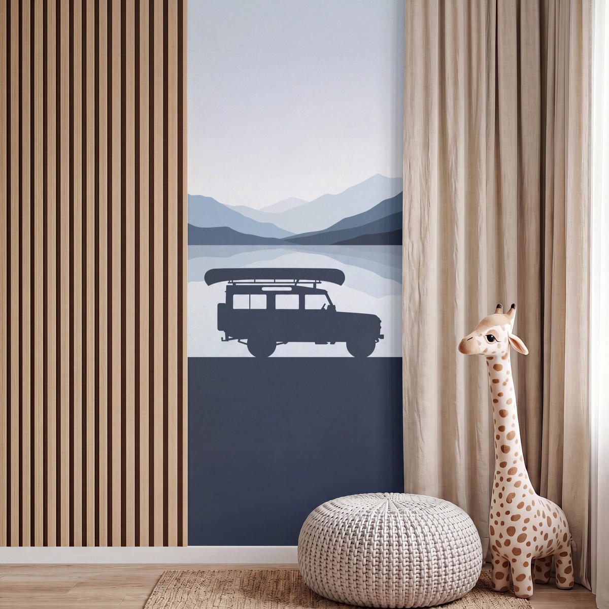 KINDERTAPETE - Auto - See - Berge - Blau - 100x260 cm - Blaugrau, Papier (100/260cm) - OnlyWow