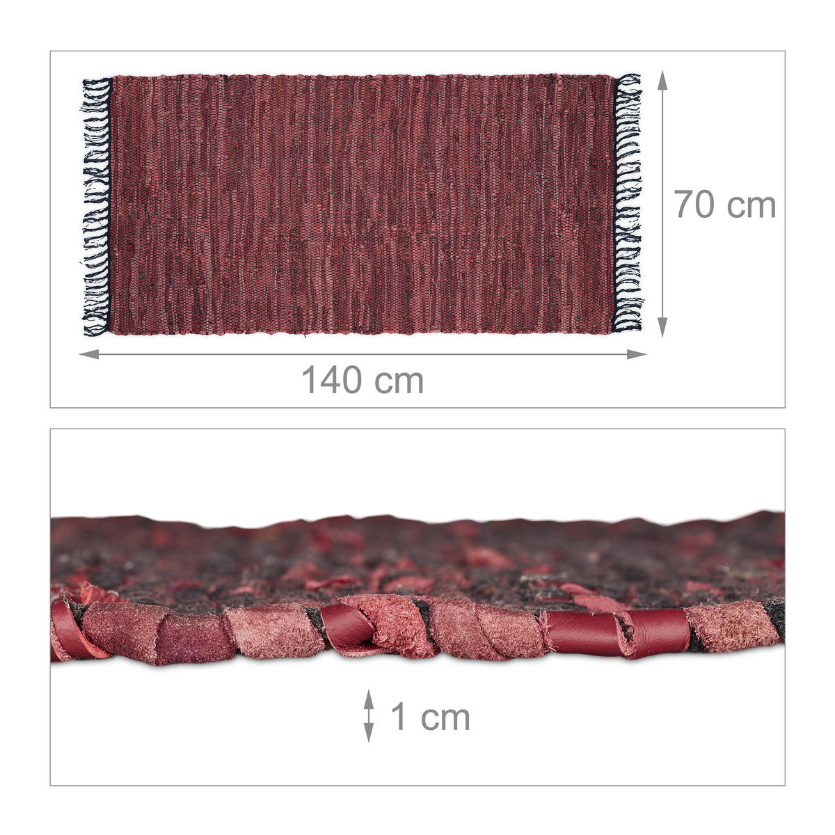 FLICKENTEPPICH - Rot, Leder/Textil (140/70cm) - Relaxdays