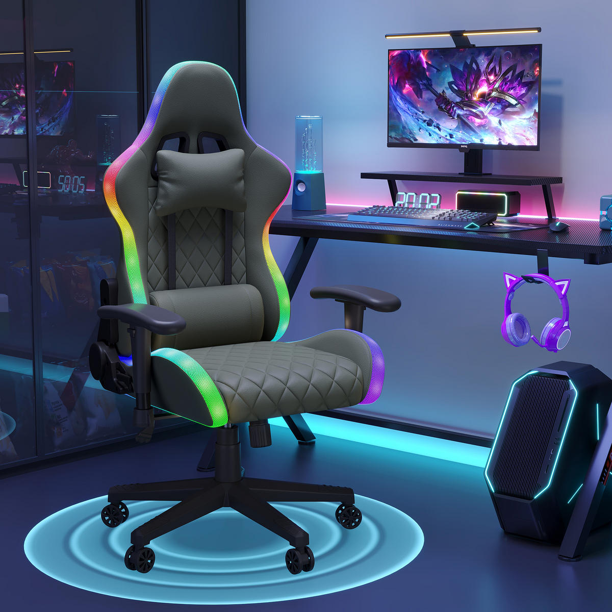 GAMINGSTUHL mit RGB-Beleuchtung, Massagefunktion, ergonomisch, schwarz - Schwarz, Textil (68/133/58.5cm) - EuroLiving