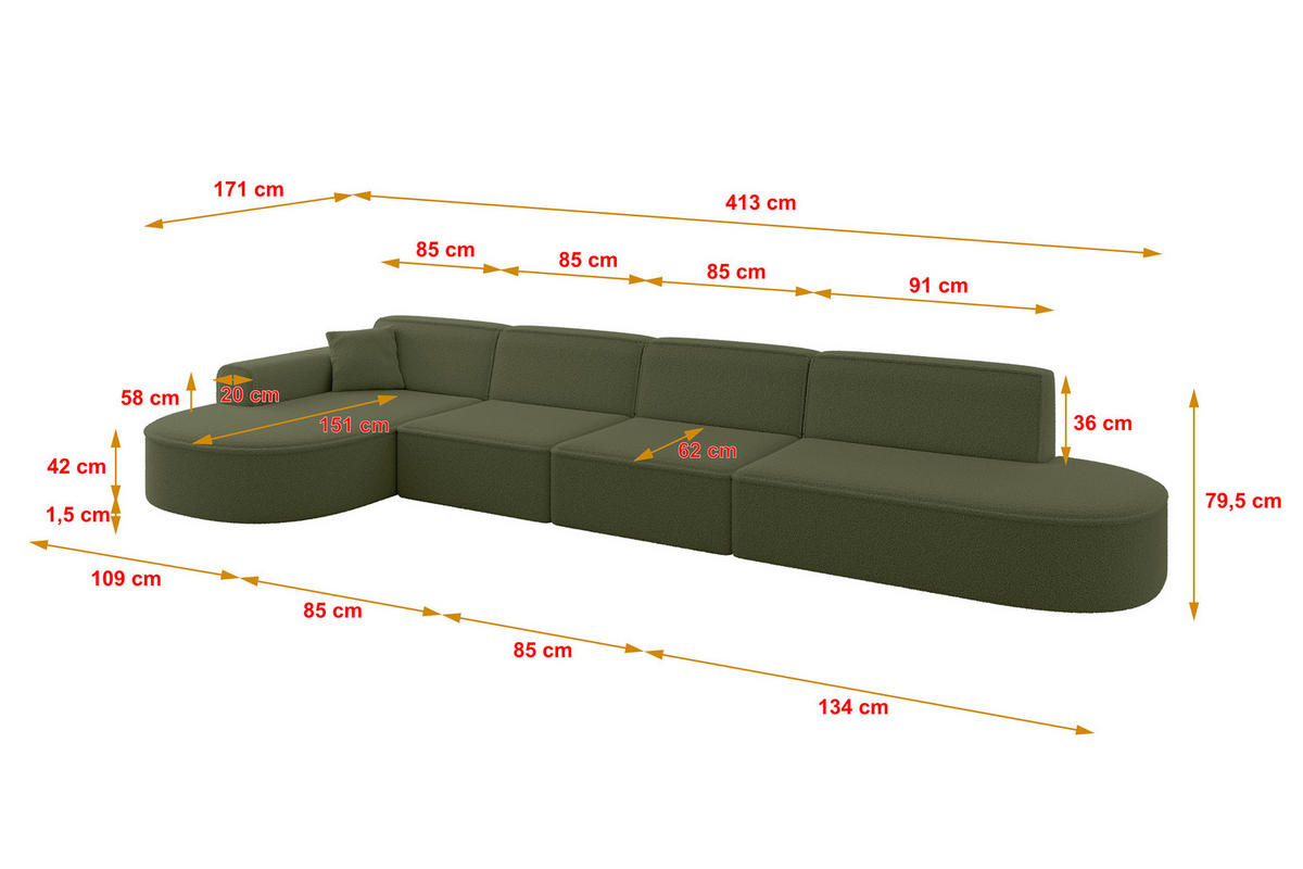 ECKSOFA Ottomane Links MARI-L3 - 413x171x79 cm Grün Bouclé - Schwarz/Grün, Holzwerkstoff/Kunststoff (165/406cm) - ALTDECOR