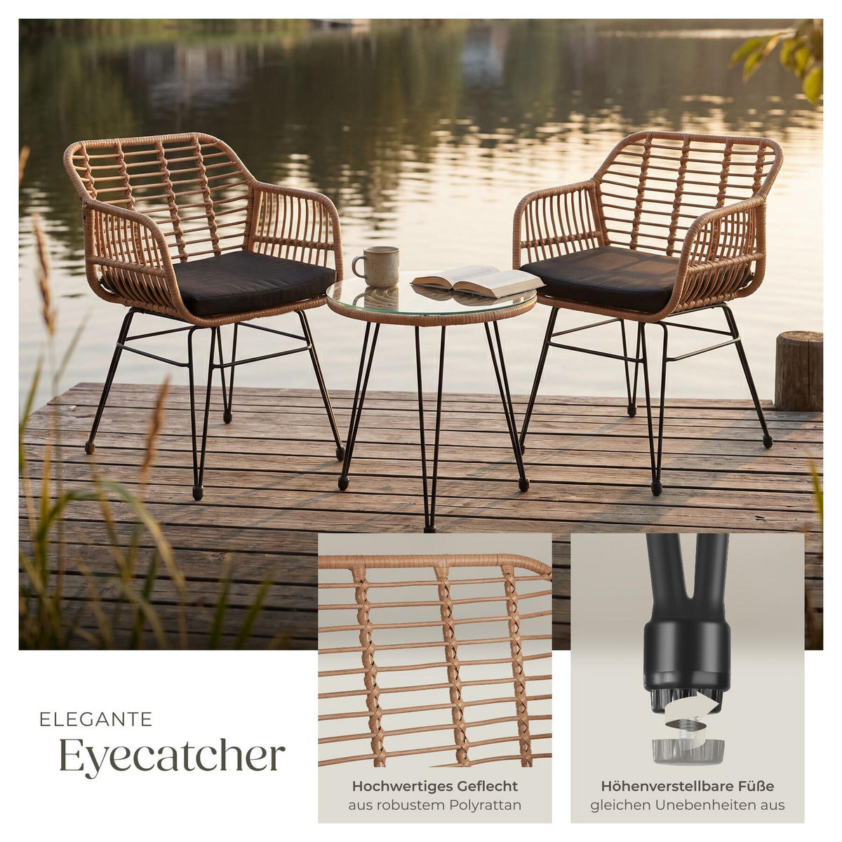 RATTAN-SITZGRUPPE Molfetta 2er Set, UV-beständig, Polyrattan Stahl, natur, 2 Stühle 58x64,5x86,5 cm, Tisch 51x55,5 cm, wasserabweisend - Naturfarben, Kunststoff - tectake