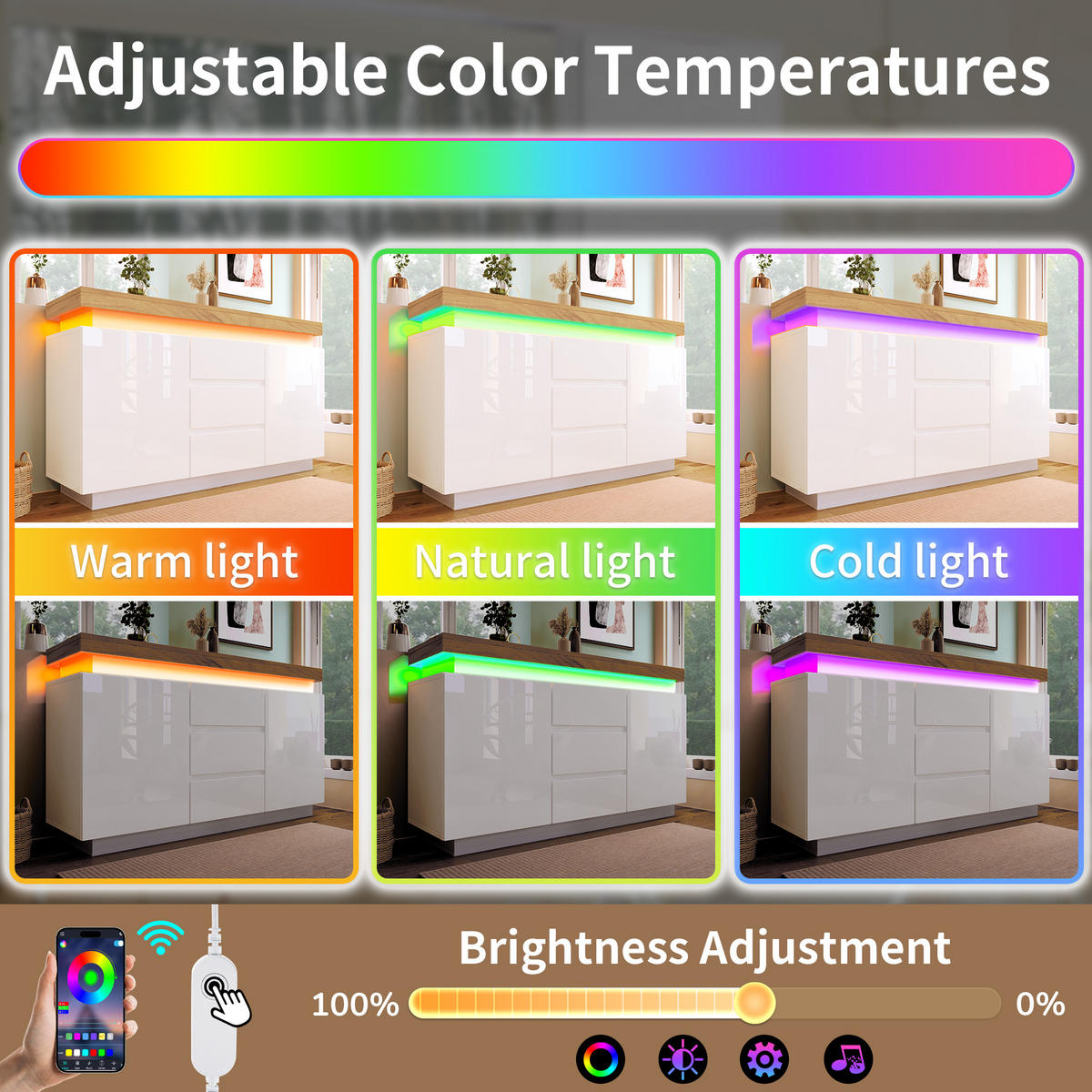 KOMMODE 81x140x39 cm Weiß mit LED und 3 Schubladen - Weiß, Holzwerkstoff (140/81/39cm) - FLIEKS