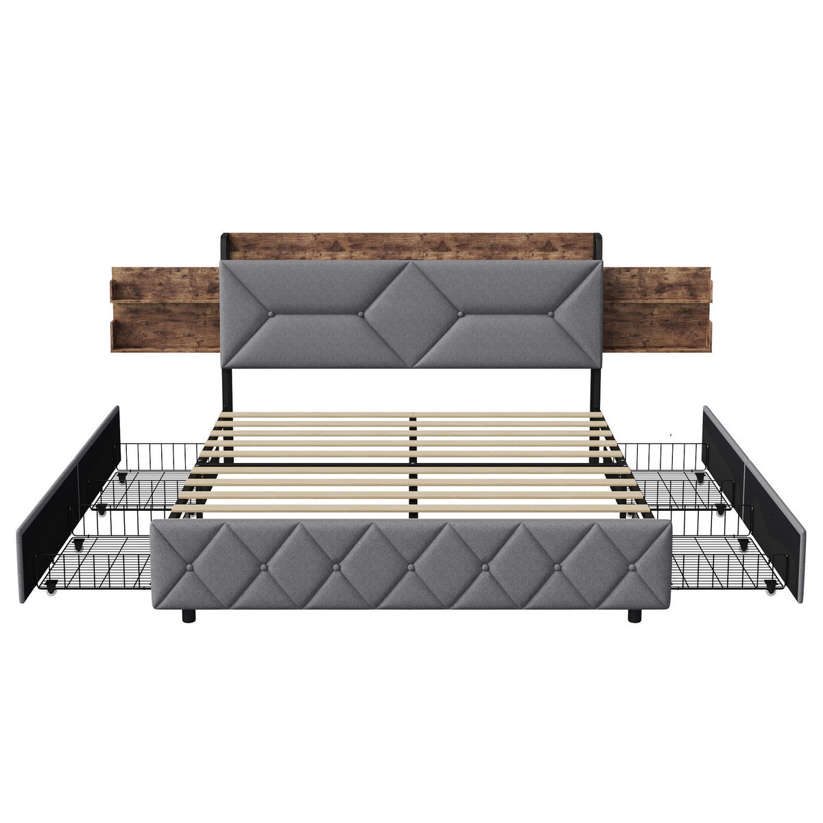 POLSTERBETT 140x200 cm 4 Schubladen USB Kopfteil grau - Grau, Holz (140/200cm) - LEBENLANG