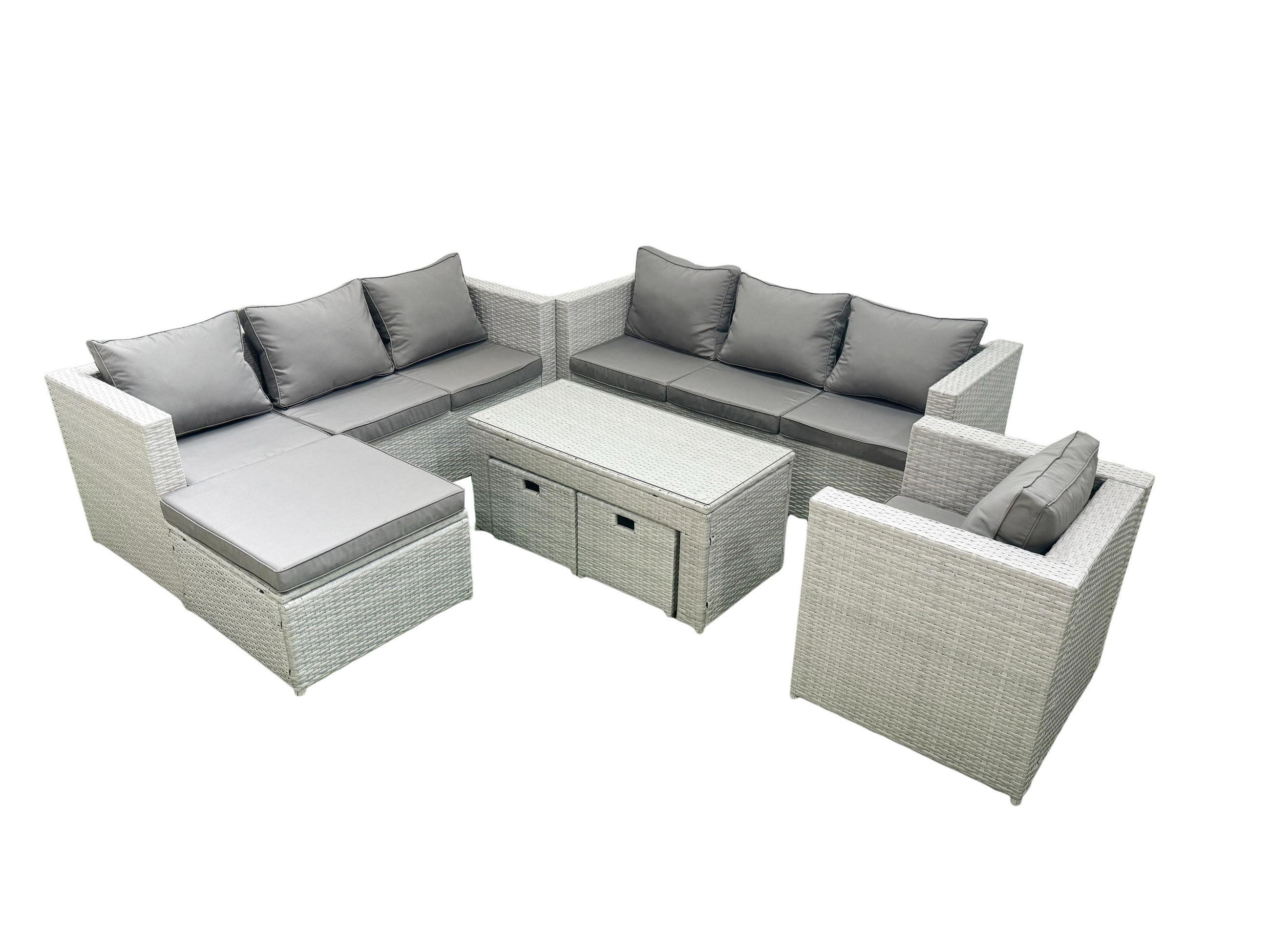 GARTENSOFA hohe Rückenlehne Polyrattan Hellgrau-Mix 10-Sitzer - Hellgrau/Grau, Glas/Kunststoff - Fimous