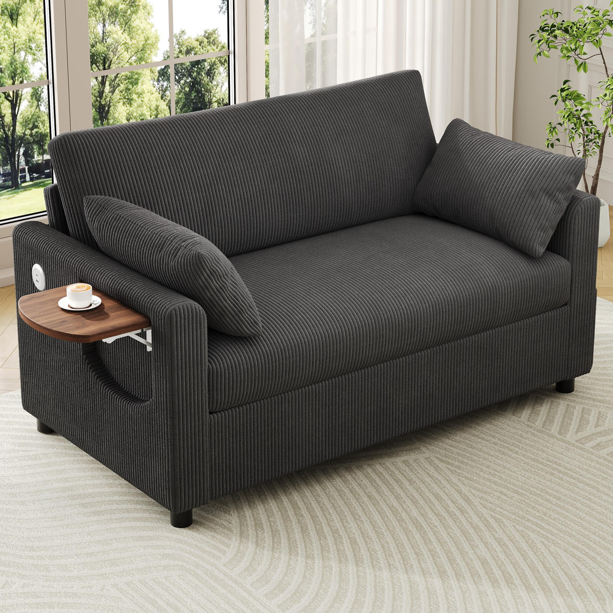 SCHLAFSOFA 134/82/84 cm Grau mit USB‑Ladeanschluss, klappbarem Seitentisch, Matratze, 2 Bettlaken und 2 Kissen - Grau, Textil (134/84/82cm) - Oxeza