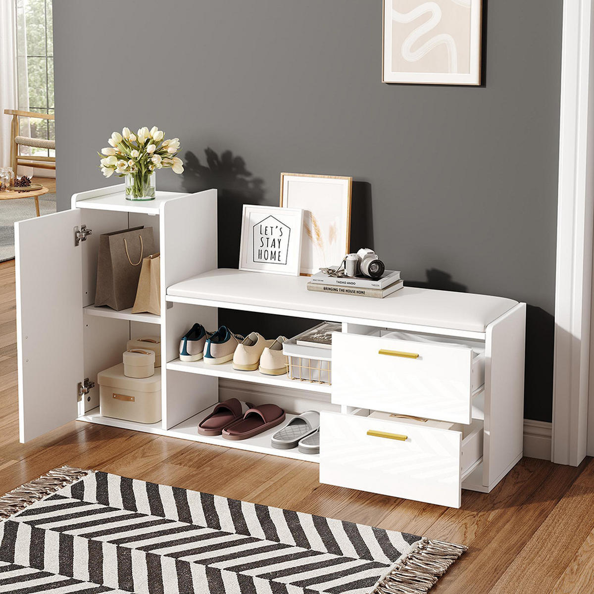 SCHUHBANK in 128x30x68cm mit 2 Schubladen 1 Schrank,Weiß - Weiß, Holzwerkstoff (30/68/128cm) - KOMHTOM