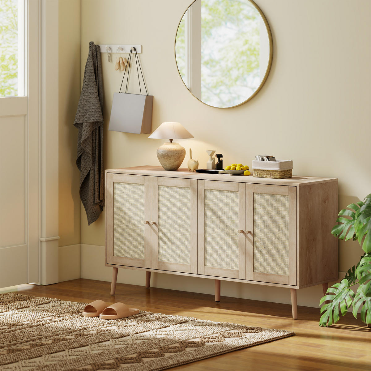 SIDEBOARD DE-11246 2 Türen mit Rattan & verstellbaren Böden Naturholz - Naturfarben, Holzwerkstoff (140/75/40cm) - ComfortXL