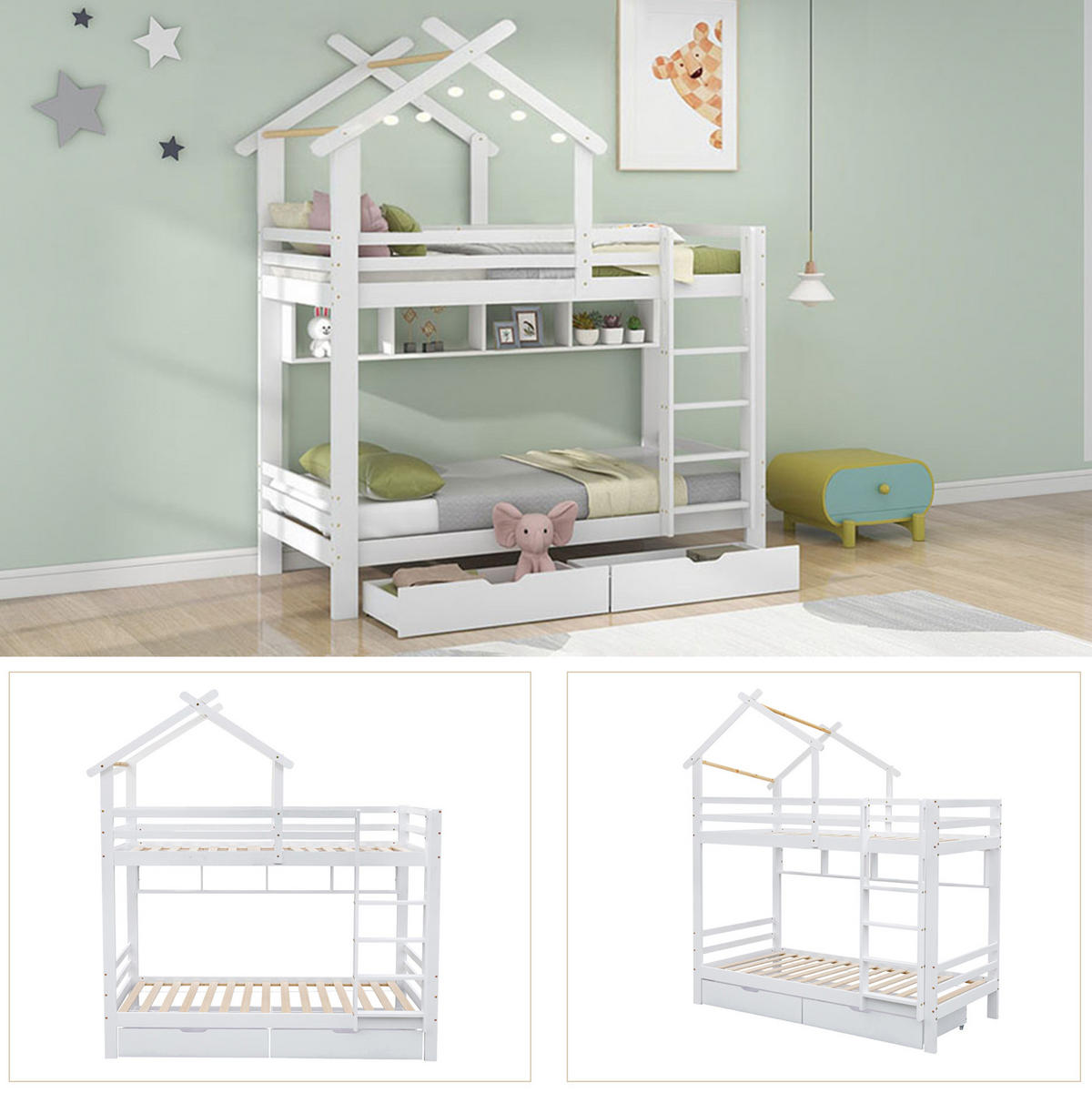 ETAGENBETT 90/200 cm Weiß mit Schubladen und Regalen aus Kiefernholz - Weiß, Holzwerkstoff (90/200cm) - OKWISH