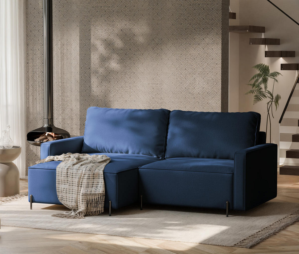 ECKSOFA LEO Links, mit Schlaffunktion und Bettkasten, Marineblau - Dunkelblau, Textil/Metall (229/148cm) - Idohome