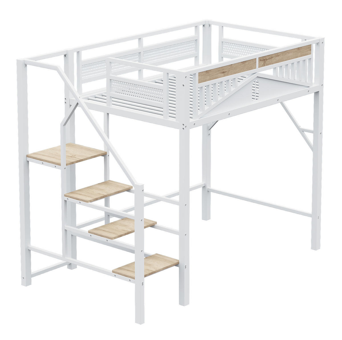 HOCHBETT 140/200 cm aus Metall und Holz mit Sicherheitsleiter, Stauraum und Fensterdesign, Weiß - Weiß, Metall (140/200cm) - Redom