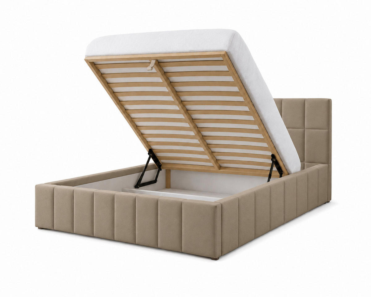 POLSTERBETT 180x200 cm, Alma, Doppelbett mit Bettkasten, Lattenrost aus Holz, Velourstoff, Hellbraun - Hellbraun, Holz/Kunststoff (180/200cm) - Marpur