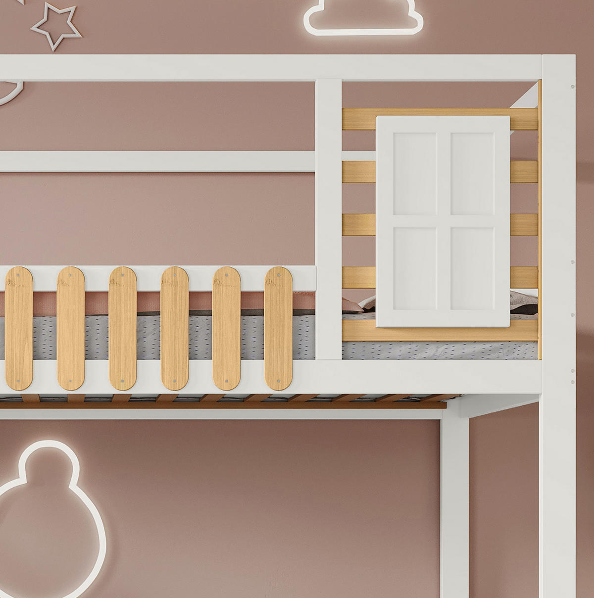 ETAGENBETT 90/200 cm Weiß/Natur mit Treppe, Stauraum und Fensterdesign - Weiß, Holzwerkstoff (90/200cm) - Flora Grace