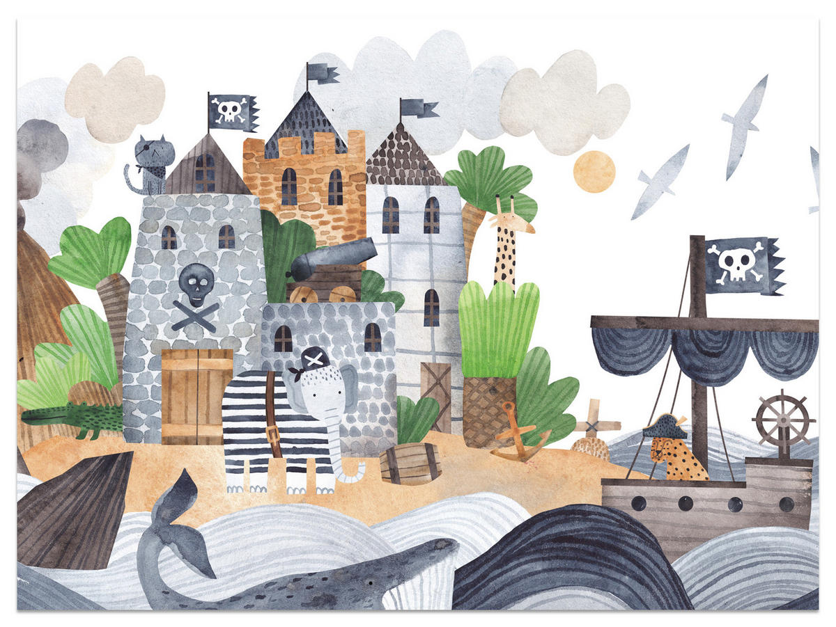 FOTOTAPETE für Kinderzimmer Märchen Piratenfestung Schiff Meereswellen 100x70 - Blau/Beige, Papier (100/70cm) - Muralo