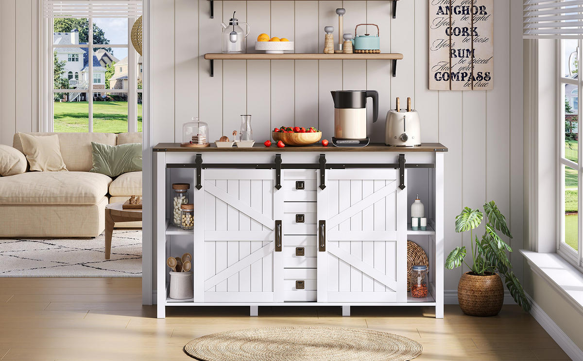 SIDEBOARD im modernen Landhausstil mit 2 Schiebetüren und 4 Schubladen, MDF, 137/40/81,5 cm, Weiß - Weiß, Holzwerkstoff (137/81.5/40cm) - Redom