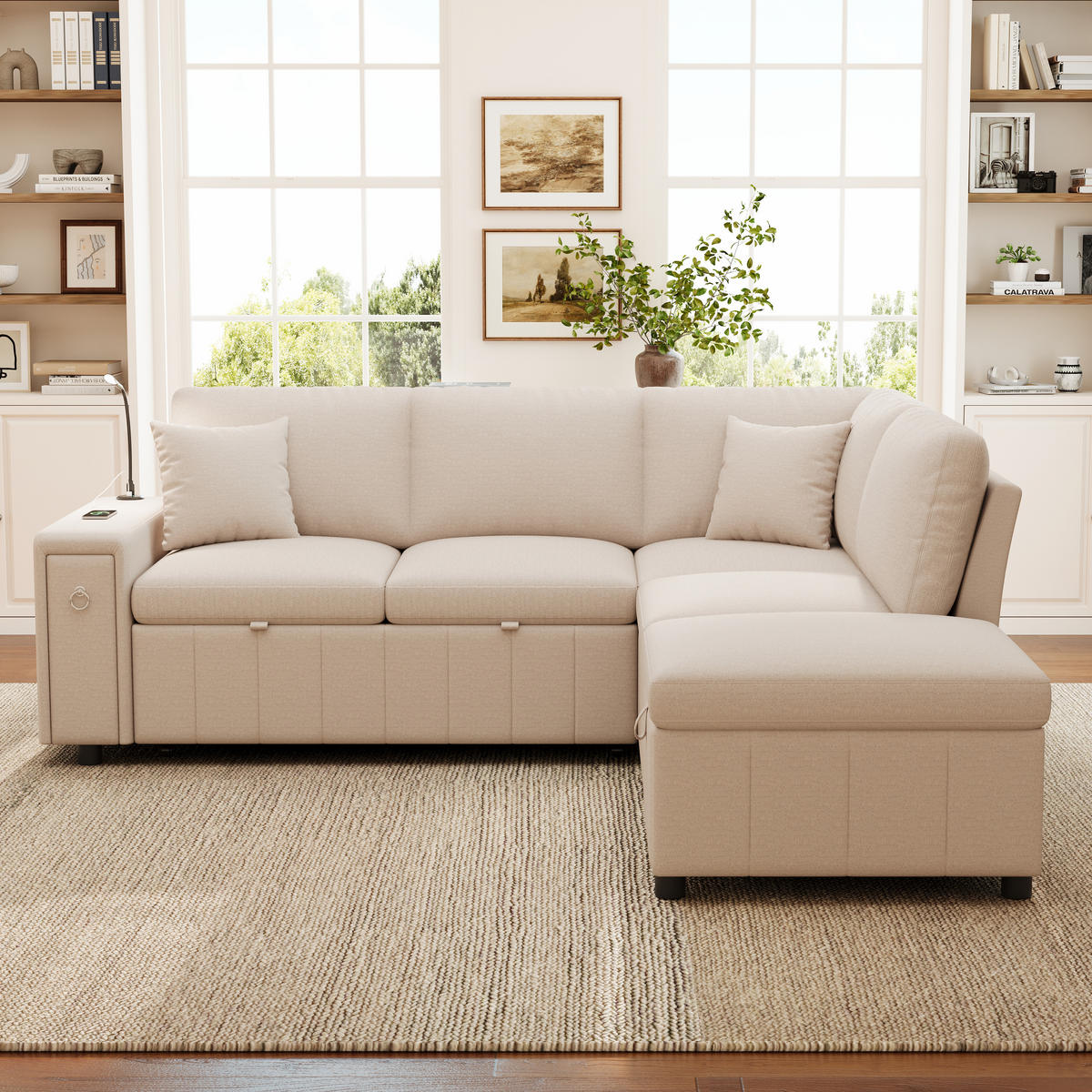 SCHLAFSOFA Beige L-Form USB Stauraum Tisch 2 Kissen - Beige, Textil (184/213cm) - FLIEKS
