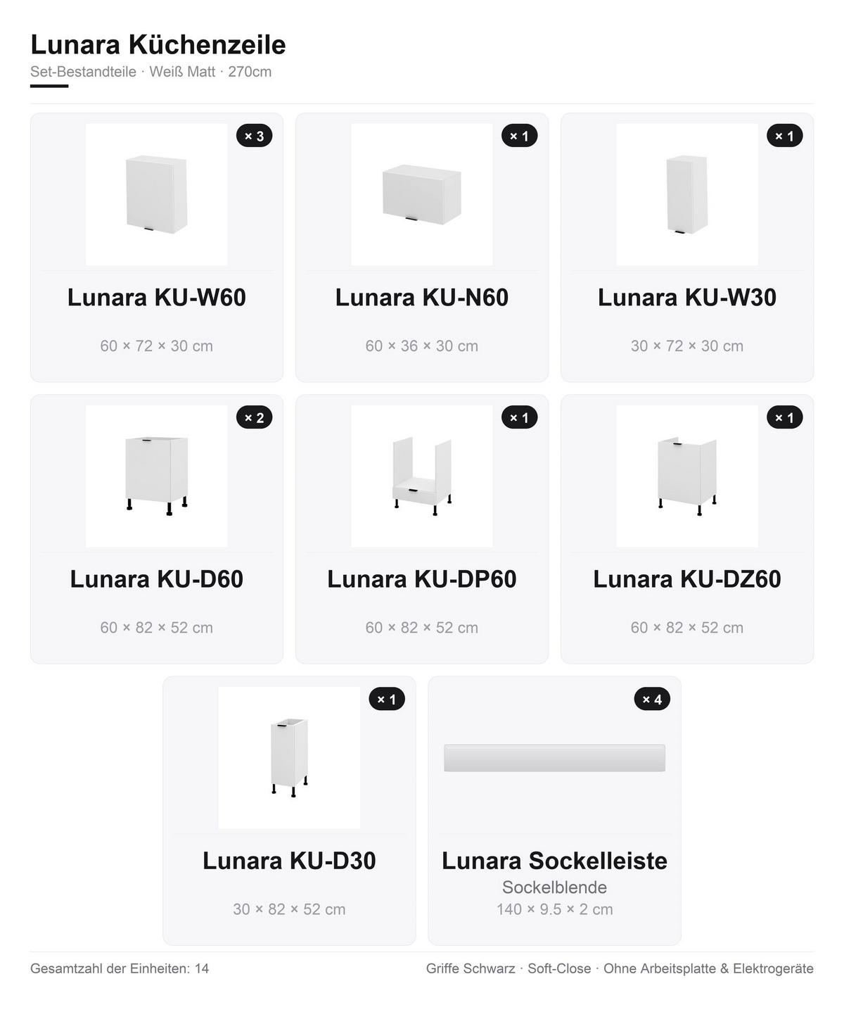 KÜCHENZEILE – 270 cm – KU-SA15 – Lunara – Weiß Matt – ohne E-Geräte - Schwarz/Weiß, Holzwerkstoff/Metall (270/214/52cm) - hi-markt