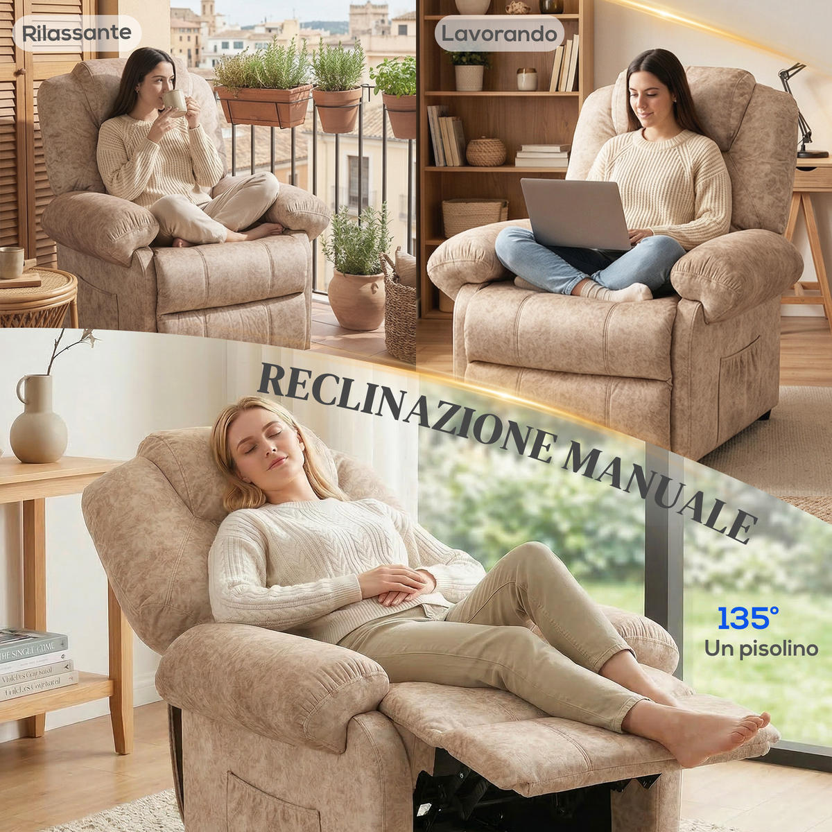 RELAXSESSEL,MANUELL Stoff ausziehbare Fußstütze Seitentasche,beige - Beige, Textil (91/108/88cm) - Vallsero