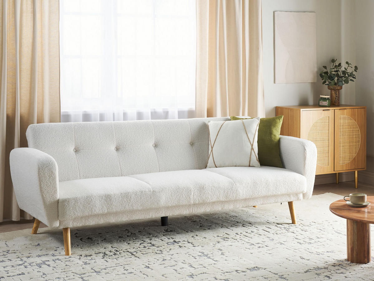 3-SITZER-SCHLAFSOFA Bouclé cremeweiß verstellbar Florli - Hellbraun/Weiß, Textil (214/82/85cm) - Beliani