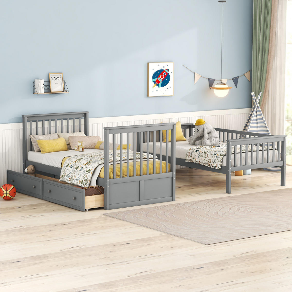 ETAGENBETT aus Kiefernholz und MDF 90x200 cm Grau mit 2 Schubladen und Umbaufunktion zu 2 Einzelbetten - Grau, Holzwerkstoff (90/200cm) - Modfu