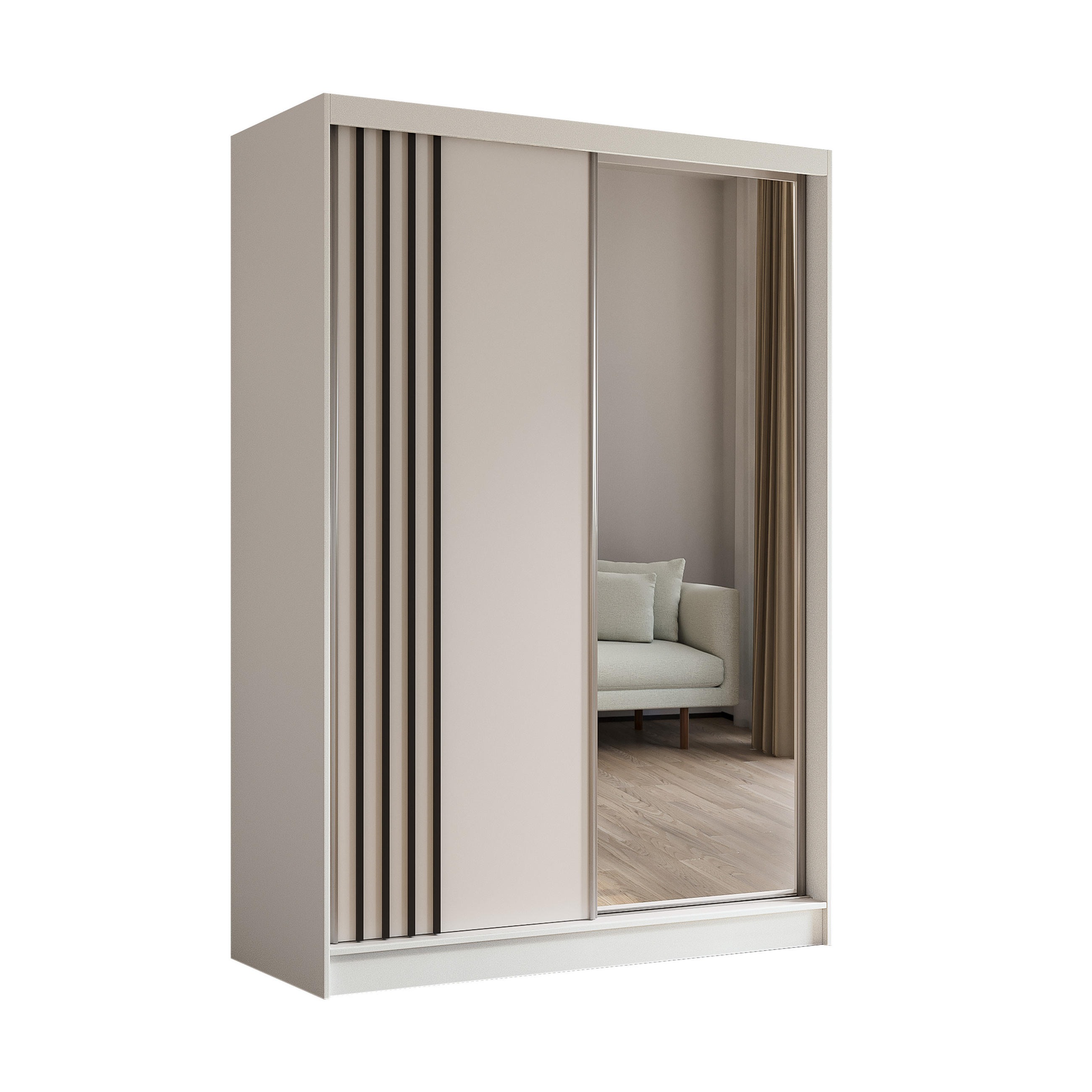 KLEIDERSCHRANK mit Spiegel-Schiebetüren und Aluminium-Leisten, LED-Beleuchtung - NALLA - 150 cm Weiß+Weiß+Schwarz - Schwarz/Weiß, Holzwerkstoff (150/216/61cm) - ALTDECOR
