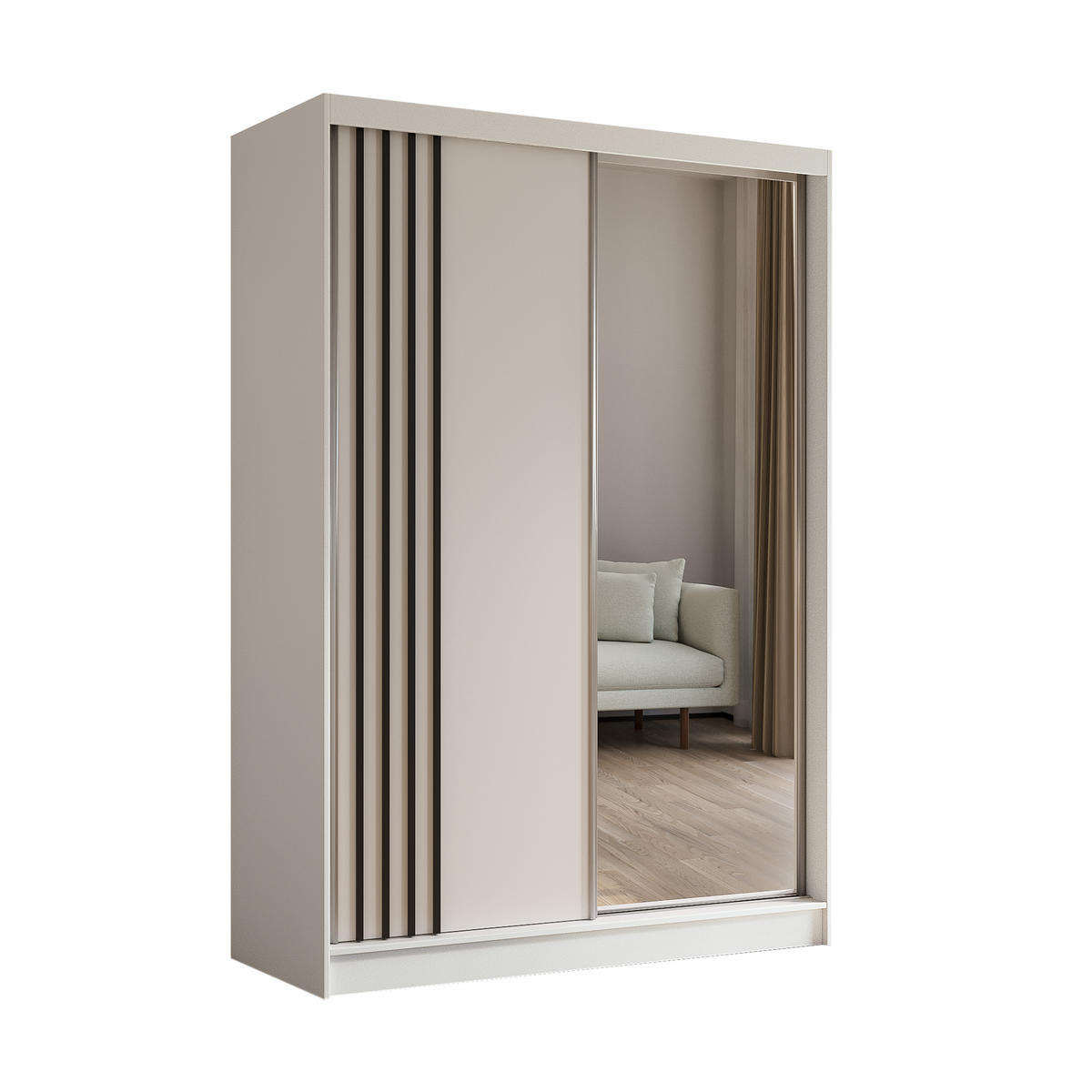 KLEIDERSCHRANK mit Spiegel-Schiebetüren und Aluminium-Leisten, LED-Beleuchtung - NALLA - 150 cm Weiß+Weiß+Schwarz - Schwarz/Weiß, Holzwerkstoff (150/216/61cm) - ALTDECOR
